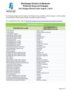 Mississippi Division Of Medicaid Preferred Drug List Changes PDL Changes Effective Date: August 1, 2014 The following changes will be made to the Preferred Drug List (PDL), effective August 1, 2014, pending recommendatio