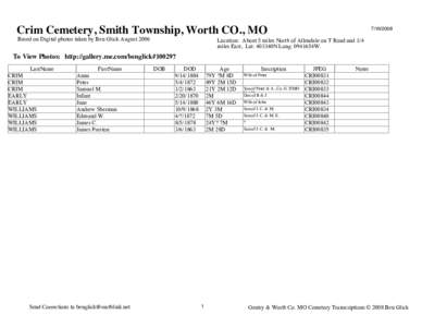 Crim Cemetery, Smith Township, Worth CO., MO Based on Digital photos taken by Ben Glick AugustLocation: About 5 miles North of Allendale on T Road and 1/4