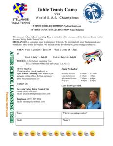 Table Tennis Camp With World & U.S. Champions 3 TIMES WORLD CHAMPION Stellan Bengtsson 10 TIMES US NATIONAL CHAMPION Angie Bengtsso