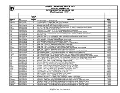 2014 COLUMBIA RIVER KNIFE & TOOL Toll-free: [removed]NEW YORK CITY RETAIL PRICE LIST Effective January 14, 2014  Model No.