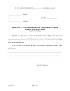 IN THE DISTRICT COURT OF ______________ COUNTY, KANSAS  ____________________, Plaintiff vs.  Case No. _______________