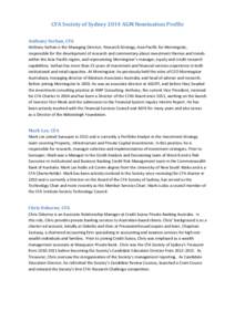 CFA Society of Sydney 2014 AGM Nomination Profile Anthony Serhan, CFA Anthony Serhan is the Managing Director, Research Strategy, Asia-Pacific for Morningstar, responsible for the development of research and commentary a