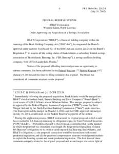 Approval of proposal by BB&T Corporation