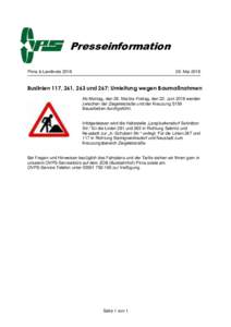 Presseinformation Pirna & LandkreisMaiBuslinien 117, 261, 263 und 267: Umleitung wegen Baumaßnahmen