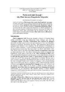 Leeds International Classical Studies[removed]ISSN[removed]http://lics.leeds.ac.uk/) © E.E. Pender ‘Perforated right through’: why Plato borrows Empedocles’ klepsydra