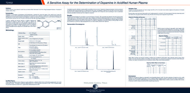 A Sensitive Assay for the Determination of Dopamine in Acidified Human Plasma  T2452 Authors:  Michael P. Sullivan, Jessica Metcalf, Heather Rush, and Edward Wells; Worldwide Clinical Trials Drug Development Solutions - 