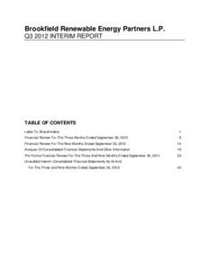 Brookfield Renewable Energy Partners L.P. Q3 2012 INTERIM REPORT TABLE OF CONTENTS Letter To Shareholders