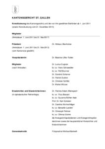 KANTONSGERICHT ST. GALLEN Konstituierung des Kantonsgerichts und der von ihm gewählten Behörden ab 1. Juni[removed]ersetzt Konstituierung vom 21. Dezember[removed]Mitglieder (Amtsdauer: 1. Juni 2011 bis 31. Mai 2017)