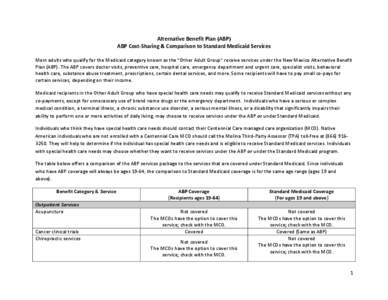 Alternative Benefit Plan (ABP) ABP Cost-Sharing & Comparison to Standard Medicaid Services Most adults who qualify for the Medicaid category known as the “Other Adult Group” receive services under the New Mexico Alte