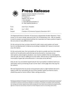 Press Release Napanee & District Chamber of Commerce Napanee Business Centre 47 Dundas St. E Napanee, ON K7R 1H7 T: [removed]