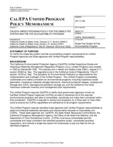 Cal/EPA Unified Program Policy Memorandum for The Single Fee System and The fee accountability Program