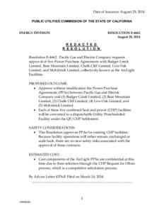 Date of Issuance: August 29, 2014 PUBLIC UTILITIES COMMISSION OF THE STATE OF CALIFORNIA ENERGY DIVISION RESOLUTION E-4662 August 28, 2014