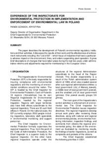 PANEK-GONDEK  1 EXPERIENCE OF THE INSPECTORATE FOR ENVIRONMENTAL PROTECTION IN IMPLEMENTATION AND