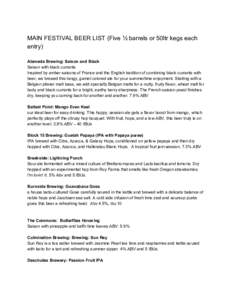 MAIN FESTIVAL BEER LIST (Five ½ barrels or 50ltr kegs each  entry)    Alameda Brewing: Saison and Black  Saison with black currants  Inspired by amber saisons of France and the English tra