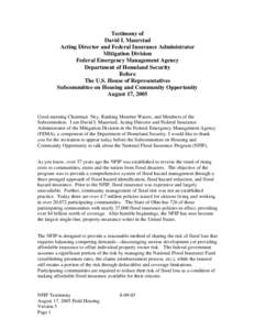 Testimony of David I. Maurstad Acting Director and Federal Insurance Administrator Mitigation Division Federal Emergency Management Agency Department of Homeland Security