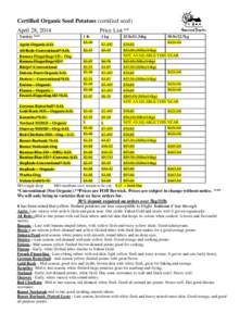 Certified Organic Seed Potatoes (certified seed) April 28, 2014 Variety *** Price List ** 1 lb