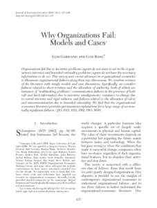 Journal of Economic Literature 2016, 54(1), 137–192 http://dx.doi.orgjelWhy Organizations Fail: Models and Cases† Luis Garicano and Luis Rayo*