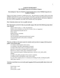 1 SURVEY INSTRUMENT The NIMBioS Songwriter-in-Residence Program Determining the Value of a Model for Communicating Science in the NIMBioS Songwriter-inResidence Program Thank you for taking a moment to complete this surv