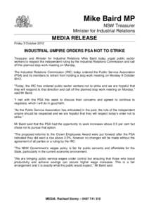 Mike Baird MP NSW Treasurer Minister for Industrial Relations MEDIA RELEASE Friday 5 October 2012