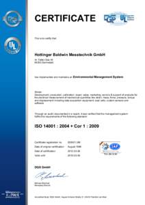 CERTIFICATE This is to certify that Hottinger Baldwin Messtechnik GmbH Im Tiefen See[removed]Darmstadt