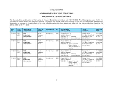 ANNOUNCEMENTS  GOVERNMENT OPERATIONS COMMITTEES ANNOUNCEMENT OF PUBLIC HEARINGS For the date, time, and, location of this hearing of the Joint Operations committees, call[removed]The following rules were filed in t