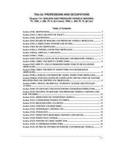 Title 32: PROFESSIONS AND OCCUPATIONS Chapter 131: BOILERS AND PRESSURE VESSELS HEADING: PL 1995, c. 560, Pt. H, §14 (new); 1999, c. 386, Pt. W, §2 (rpr) Table of Contents Section[removed]DEFINITIONS....................