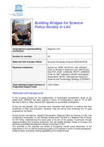 Complementary Additional Programme[removed]Concept note  Building Bridges for SciencePolicy-Society in LAC Geographical scope/benefitting country(ies):