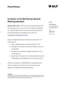 Press Release  Invitation to the MLP Annual General Meeting published  Contact