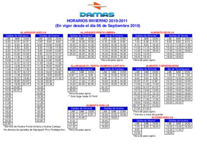 HORARIOS INVIERNO[removed]En vigor desde el dia 06 de Septiembre[removed]ALJARAQUE-HUELVA Salidas de Aljaraque Salidas de Huelva LAB