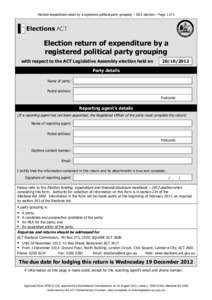 Election expenditure return by a registered political party grouping – 2012 election – Page 1 of 2  Election return of expenditure by a registered political party grouping with respect to the ACT Legislative Assembly