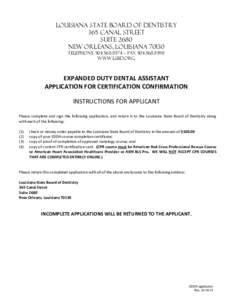 APPLICATION FOR EXPANDED DUTY DENTAL ASSISTANT CERTIFICATION CONFIRMATION