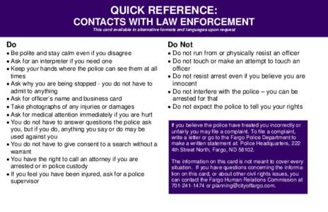 QUICK REFERENCE: CONTACTS WITH LAW ENFORCEMENT This card available in alternative formats and languages upon request Do