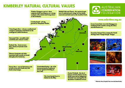 KIMBERLEY NATURAL CULTURAL VALUES Wanjina-Wunggurr rock art - these enigmatic black-eyed figures are a strong example of the ancient and living culture of the Kimberley.