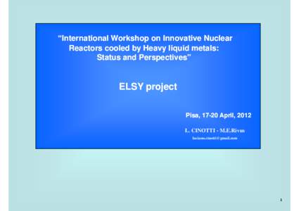 “International Workshop on Innovative Nuclear Reactors cooled by Heavy liquid metals: Status and Perspectives” Perspectives”  ELSY project