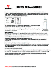 SAFETY RECALL NOTICE A number of the bicycle models below were made with an SR Suntour suspension fork on which the fork dropouts can break. The fork is model NRX and has IS mounts (figure 1). If this happens, the rider 