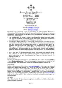 Quatuor Coronati Lodge No[removed]Premier Lodge of Research QCCC News – 2014 Q.C. Correspondence Circle Ltd Freemasons Hall