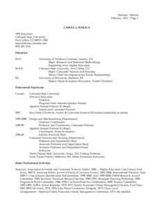 Resume - Makela February, [removed]Page 1 CAROLE J. MAKELA 105J Education Colorado State University Fort Collins, CO[removed]