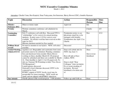 NSTC Executive Committee Minutes March 1, 2012 Attendees: Charlie Crane, Ron Karpick, Dean Tsukayama, Jim Sunstrum, Sherry Brown (CDC), Jennifer Kanouse  Topic