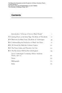 The Black Arts Enterprise and the Production of African American Poetry Howard Rambsy II http://press.umich.edu:80/titleDetailDesc.do?id=The University of Michigan Press, 2011  Contents