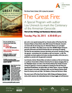 The Anne Frank Center USA is proud to present  The Great Fire: A Special Program with author Lou Ureneck to mark the Centenary