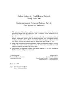 Honour School of Mathematical Sciences,