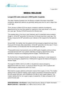 7 June[removed]MEDIA RELEASE Longest ED waits reduced in NSW public hospitals The latest Hospital Quarterly from the Bureau of Health Information finds NSW emergency department patients are generally waiting less time for 
