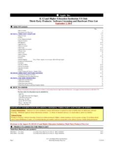 Apple Inc. K-12 and Higher Education Institution US Only Third-Party Products: Software Licensing and Hardware Price List September 2, 2014  Table Of Contents Page