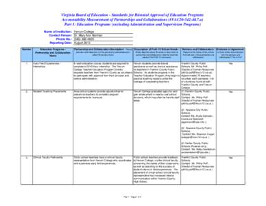 Virginia Board of Education - Standards for Biennial Approval of Education Programs Accountability Measurement of Partnerships and Collaborations (8VAC20[removed]a) Part 1: Education Programs (excluding Administration a