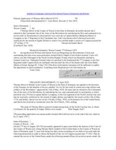 Southern Campaigns American Revolution Pension Statements and Rosters Pension Application of Thomas Merit (Merrit) S1233 NC Transcribed and annotated by C. Leon Harris. Revised 12 Nov[removed]State of Kentucky } Wayne Coun