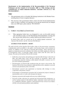 Questionnaire on the implementation of the Recommendation of the European Parliament and the Council of 16 November 2005 on 