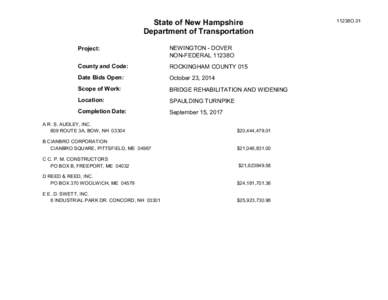 State of New Hampshire Department of Transportation Project: NEWINGTON - DOVER NON-FEDERAL 11238O