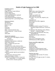 Models of Light Equipment List 2008 Computer resources: Lab computers Logger Pro from Vernier Software Lab Pro Interfaces Vernier Voltage Probes