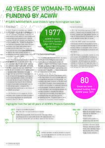 40 YEARS OF WOMAN-TO-WOMAN FUNDING BY ACWW Projects Administrators Juliet Childs & Sarah Kenningham look back The Early Days  ACWW’s Projects Committee was initiated