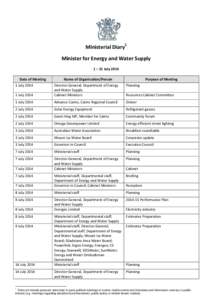 Ministerial Diary: Minister for Energy and Water Supply